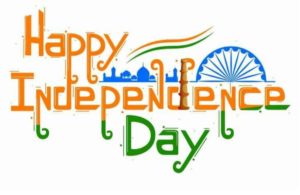 happy independence day is written in orange and green colour. lal qila is made with blue colour. also haf ashok chakra is in blue colour.