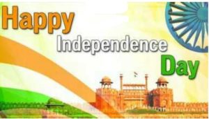 happy independence day is written white tree colours orange, white and green. lal qila is look down on the photo.