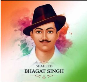 image of shaheed bhagat singh is on fornt . indian flag is in background. image of bhagat is on Indian flag.
