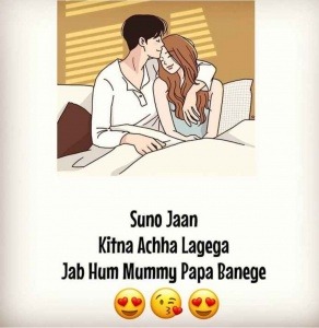boy is kissing to girl on her head. both are cartoon. they sitting on bed. boy wear white shirt and girl wear sky blue t-shirt. girl have lite brown hairs. romatic lines wirtten down with love emojies.