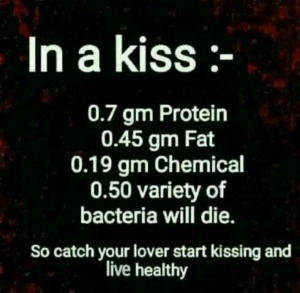 background is in red and black colour. quote is written on full screen. quote is about benefits of kiss.