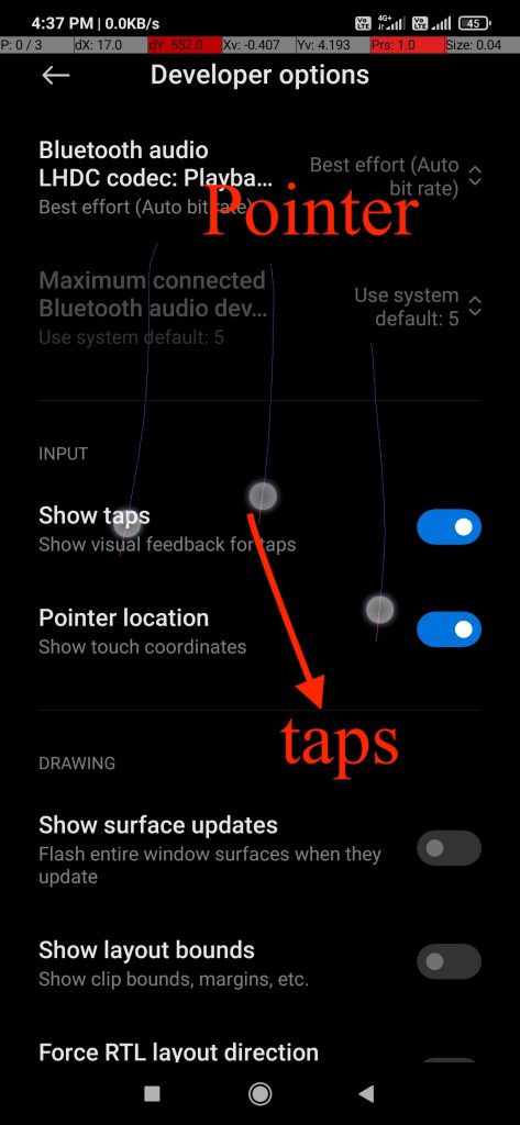 showing pointer location and taps