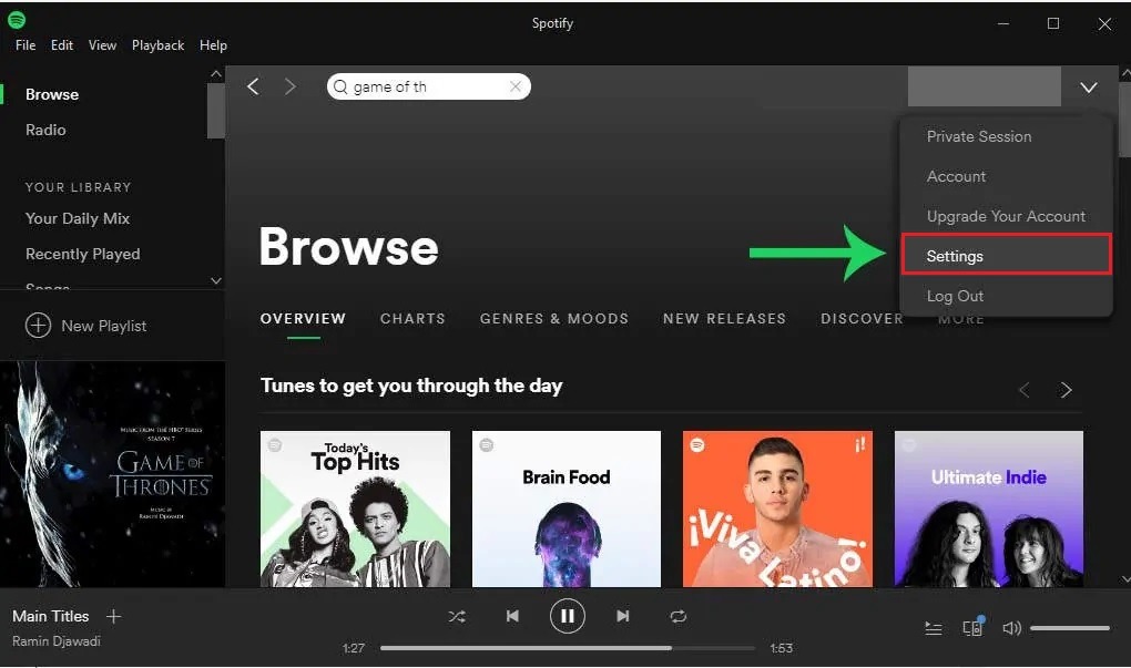 Spotify Crossfade Songs on computer go to settings