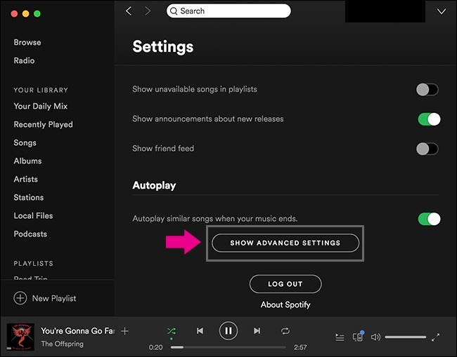 Spotify Crossfade Songs on computer show advanced settings